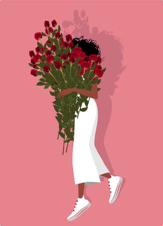 Cheerful girl with a huge bouquet of red rosesのイラスト素材