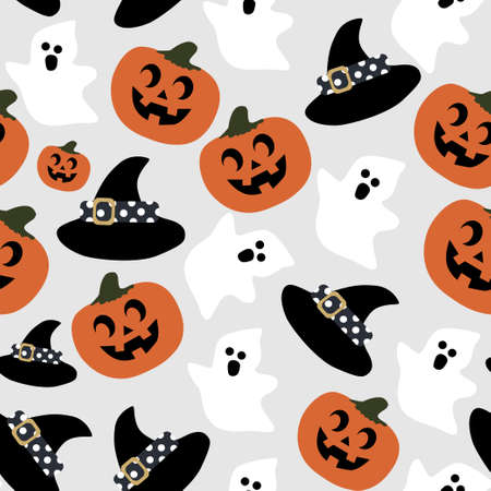 Bright festive pattern Halloween ghost hat pumpkin on gray backgroundのイラスト素材