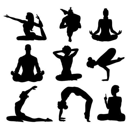 Set silhouettes of woman and man in different yoga posesのイラスト素材