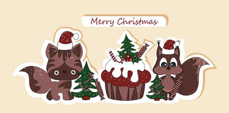 Illustration of cute animals cat, squirrel, decorations and cupcake for the holiday christmasのイラスト素材