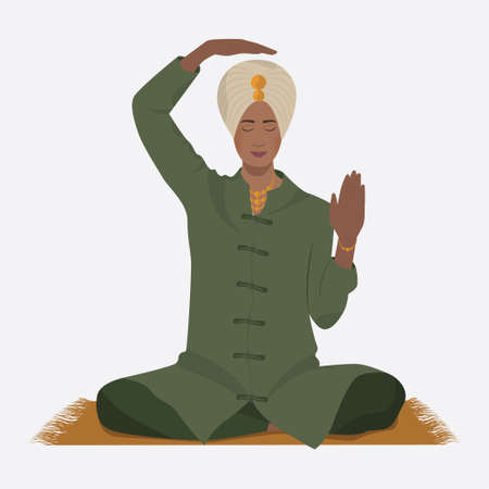 Woman in green dress doing yoga and breathing meditatingのイラスト素材