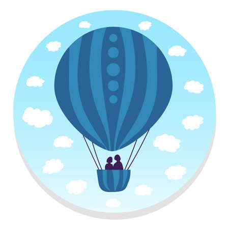 A aerostat balloon flies in the sky amidst white clouds. The ball is decorated with strips and circles. In the basket there are 2 people, a couple in love. Vector colored illustration on a round.のイラスト素材