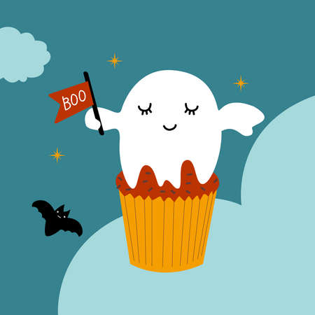 Cute childish halloween ghost cupcake, creepy scary food. Cute print for happy Halloween party. Ideal for card, poster, menu, kids room decoration, clothing, nursery prints, anniversary, party. Vector illustration in flat style.のイラスト素材
