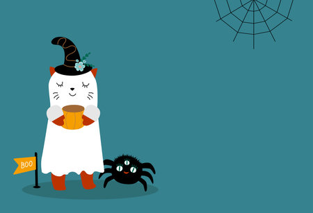 Cute Halloween greeting card with cute cat in ghost costume and spider with cobwebs. Animal holidays cartoon character. Vector flat style illustration. Hand Drawn Kawaii Style Decoration for Halloween Party. Happy halloween cardのイラスト素材