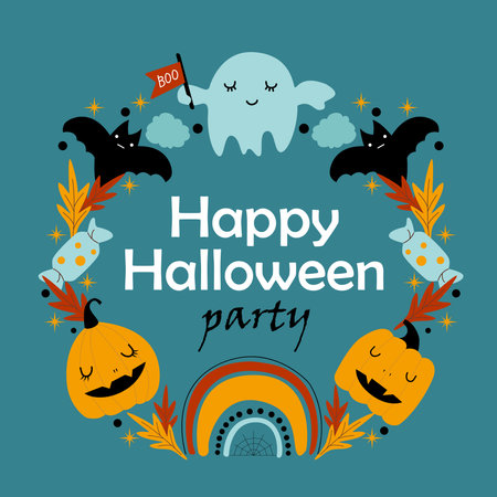 Cute Halloween childish holiday frame banner design with ghost, candy, pumpkin, rainbow, bat and spider. Vector flat style illustration. Hand Drawn Kawaii Style Decoration for Halloween Party. Happy halloween cardのイラスト素材