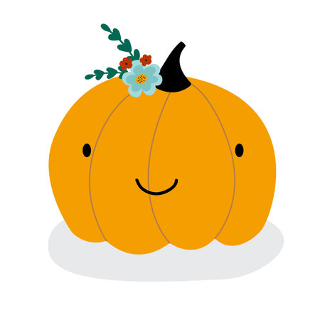 Orange pumpkin for halloween, cute and childish, decorated with flowers, smiling. Vector flat style illustration. Hand Drawn Kawaii Style Decoration for Halloween Party. Happy halloween cardのイラスト素材