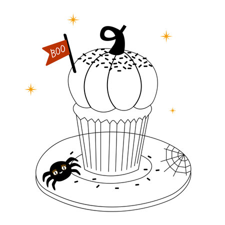 Linear cute sweet pumpkin cupcake for halloween with little spider, clouds and boo sign. Vector illustration coloring. Style Decoration for Halloween Party. Happy halloween cardのイラスト素材