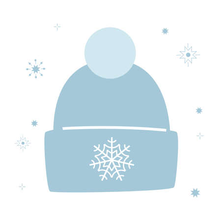 Warm winter blue hat for autumn or spring, an accessory for a man or a woman. Decorated with a snowflake and a pompom. Fluffy fabric. Simple vector illustration in flat style isolated on white backgroundのイラスト素材