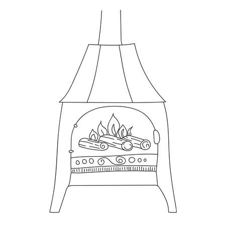 Fireplace in Scandinavian style on legs with decor. Fire is burning in the fireplace. Cozy European hyugge. Hand drawn line art illustration for your design. Isolated line on white backgroundのイラスト素材
