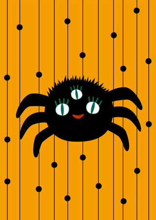 Card for Halloween kids. Spider, lines, dots on orange background in cute Halloween theme. Vector flat style illustration. Decoration for Partyのイラスト素材
