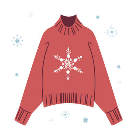 Trendy red warm knitted sweater decorated with a snowflake for a man or a woman. Modern clothing for spring, autumn or winter. Simple vector illustration in flat style isolated on white background.のイラスト素材