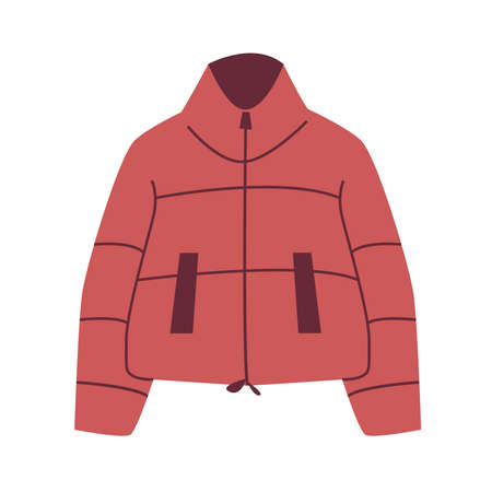 Fashionable trendy down jacket in red with pockets, short cut. Modern women clothing for spring, autumn or winter. Simple vector illustration in flat style isolated on white background.のイラスト素材