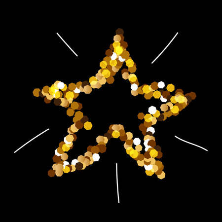 Shining gold glitter star for New Year and Christmas. For a postcard, decor, invitation, poster, website, or any festive design. Vector illustration on a black background, flat and line art style.のイラスト素材