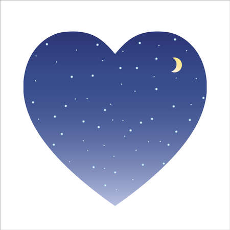 Shape of a heart in blue. Starry night sky or falling snow and moon, beautiful background for stickers, discounts, your text or any winter design. Vector illustration.のイラスト素材