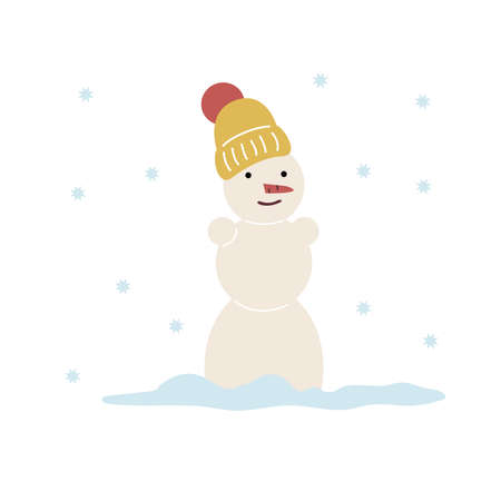 Cute cartoon snowman standing in the snow, winter park, smiling. The character for New Year winter design. Simple vector illustration in flat style isolated on white background.のイラスト素材