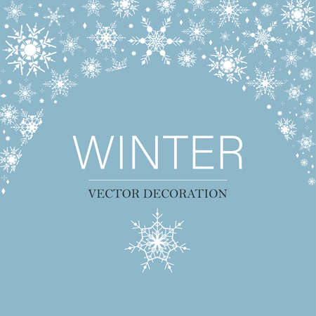 Winter blue sky with falling snow. Snowflake background frame for Merry Christmas and Happy New Year. Elegant geometric vector illustration.のイラスト素材