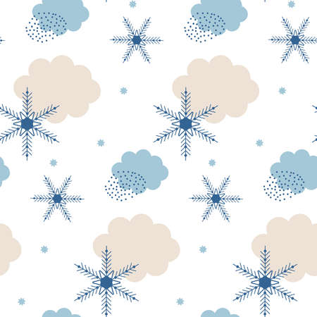 Blue and white Winter Abstract seamless Pattern with clouds and snowflakes. Trendy hand drawn textures Winter-time Background. Snowy Abstractive design for paper, fabric, interior decor.のイラスト素材