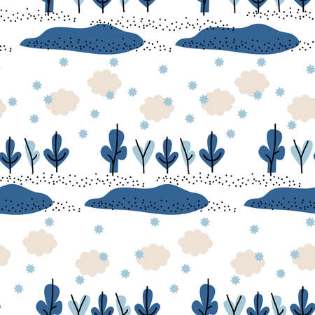 Blue and white Winter Abstract seamless Pattern with clouds, trees and snowflakes. Trendy hand drawn textures Winter-time Background. Snowy Abstractive design for paper, fabric, interior decor.のイラスト素材