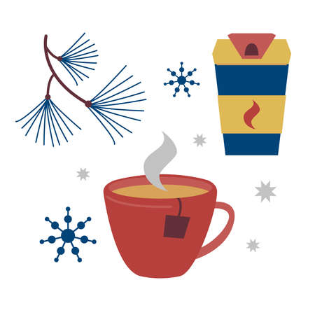 Thermocup for hot drinks to go and Cup of tea or coffee. Tea bags and dishes for Winter picnic sport, walks, hikes and adventures. Flat simple vector illustration isolated on white background.のイラスト素材