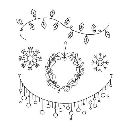 Doodle set winter decoration. Linear light bulbs, garland of lanterns, wreath of leaves and snowflakes. Winter Hygge. Vector illustration in Scandinavian, Nordic style. Hand drawn line art.のイラスト素材