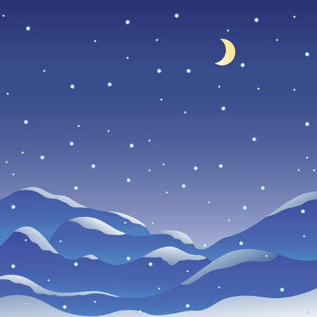 Navy blue Starry Night Sky or falling Snow and moon and mountains, beautiful Winter-time landscape background for your text or any Winter design. Vector illustration.のイラスト素材