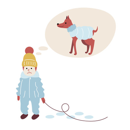 A Child on a Winter Walk plays with a dog. The Kid in warm winter clothes has lost his pet and is looking for it. Vector illustration in flat style isolated for poster, card, website, banner.のイラスト素材