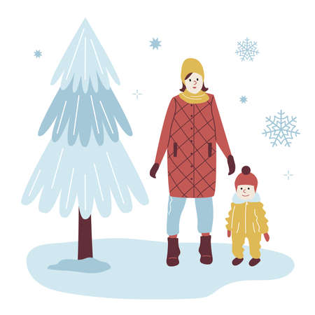 Mom and Baby on a Winter Walk in trendy outerwear Walking on park. Woman and Toddler among snowflakes next to the tree. Vector illustration in flat style for poster, card, website, banner.のイラスト素材