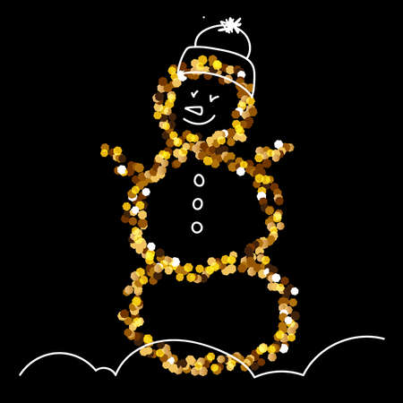Shining Gold Glitter snowman, New Year and Christmas. Glittering for a card, decor, invitation, poster, website, banner or any festive design. Glittery vector illustration on a black background.のイラスト素材
