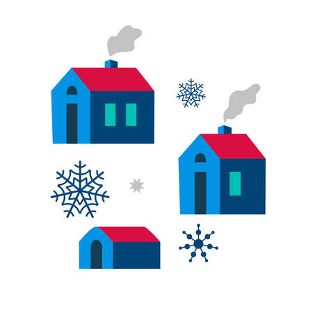 Houses or cottage with snowflake. Light in the windows, smoke coming from the chimney. Village designation, design element, site, game. Simple vector illustration in flat style.のイラスト素材