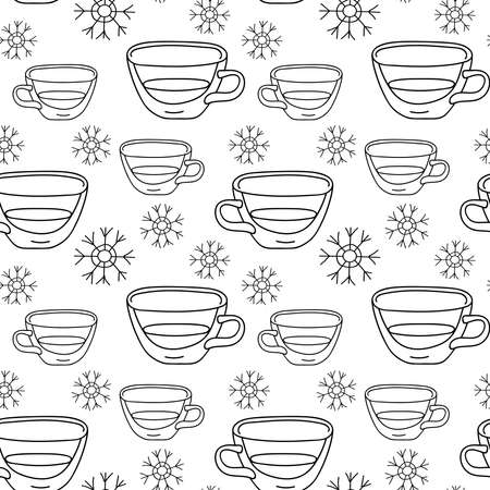 Seamless Pattern of Snowflakes and cup in doodle style, white and black. Winter decor for Christmas and New Year. Design of textiles, wrapping paper, cards, Background. Vector linear illustration.のイラスト素材