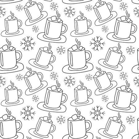 Seamless Pattern of Snowflakes and cup of Chocolate in doodle style, white and black. Winter decor for Christmas and New Year. Design of textiles, wrapping paper, card, Background. Vector illustration.のイラスト素材