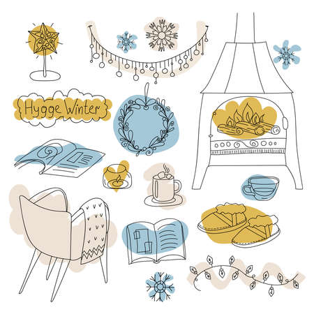 Set Doodle linear objects of the cozy home Hygge Winter Decorations, fireplace, candle, book, mug and comfortable armchair. Vector illustration in Scandinavian, Nordic style. Hand drawn line art.のイラスト素材