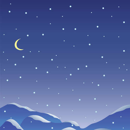 Navy blue Starry Night Sky or falling Snow and moon and mountains, beautiful Winter-time landscape background for your text or any Winter design. Vector illustration.のイラスト素材