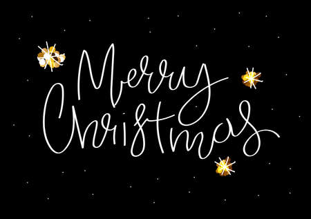 Lettering Merry Christmas and Gold Glitter Snowflake. Written with a pen for holiday card, decor, invitation, poster, website, banner, festive design. Glittery vector illustration.のイラスト素材