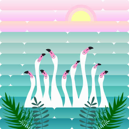 White flamingos on the background of the lake and sunrise, tropical leaves, landscape. Vector illustration in cartoon style.のイラスト素材