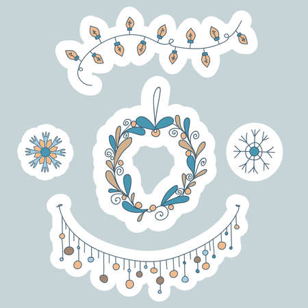 Doodle set winter decoration. Linear light bulbs, garland of lanterns, wreath of leaves and snowflakes. Winter Hygge. Vector illustration in Scandinavian, Nordic style. Hand drawn and Sticker design.のイラスト素材
