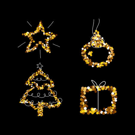Christmas Gold Glitter Set, tree, gift box, star, ball. Merry Christmas and New Year holiday elements for a card, poster, website, banner. Glittery vector illustration.のイラスト素材