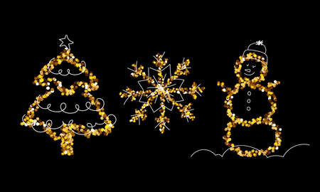 Christmas Gold Glitter Set, Snowflake, tree, snowman. Merry Christmas and New Year holiday elements for a card, poster, website, banner. Glittery vector illustration.のイラスト素材