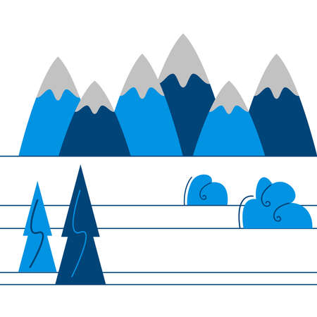 Winter geometric and minimalism snow landscape. Mountains or hills, snowy peaks, drifts, trees. Design for card, site, advertising. Flat, vector cartoon illustration isolated on white background.のイラスト素材