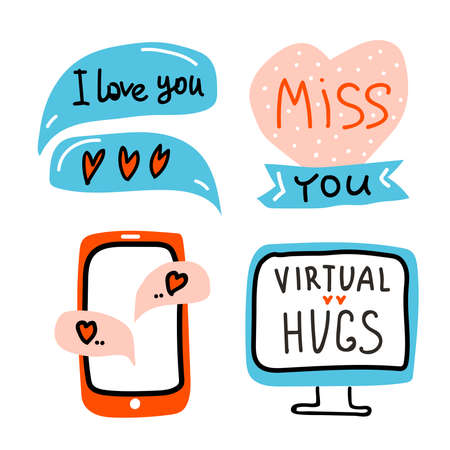 Valentines Day set doodle icon Virtual Love. Monitor, Internet Love, talk, chat, decoration, heart, speech bubbles. Miss You and Virtual Hugs Lettering. Hand drawn, line art, flat and lettering vector.のイラスト素材