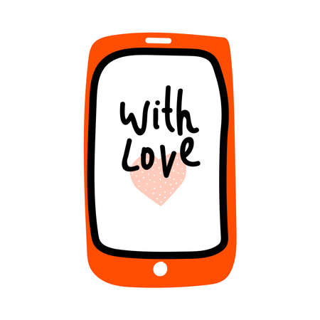 Valentines Day doodle icon mobile phone with heart and Lettering With Love. Internet Love decoration. Hand drawn, line art, flat and lettering vector for web, banner, card, sticker.のイラスト素材