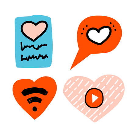 Doodle icons set. Shape heart love and online video showing sign. Speech bubbles with heart and dots. Love paper letter or postcard with pink heart. Wi-Fi sign inside red heart shape. Flat vector.のイラスト素材