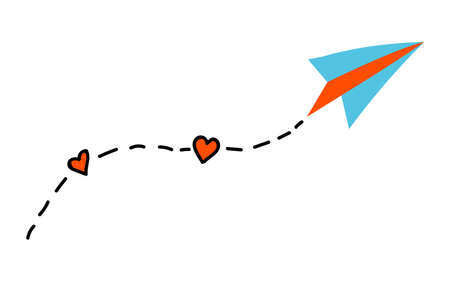 Love Doodle paper airplane with red hearts. Flying message of love for Valentines Day. Hand drawn, line art, flat vector paper plane for web, banner, card, sticker.のイラスト素材