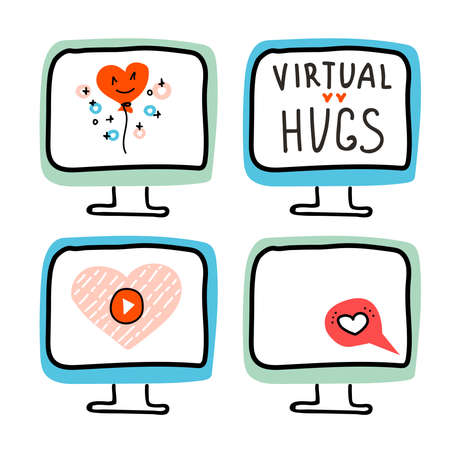 Valentines Day doodle icon computer screen Monitors and Speech bubble, love symbol hearts, online video showing sign, Lettering Virtual Hugs and Red Air Balloon in shape of heart. Hand drawn vector.のイラスト素材