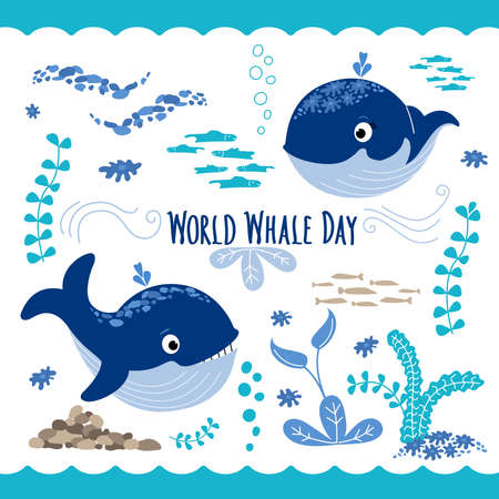 Two cute Whales in undersea world, fish, algae, reefs, stones, bubbles. World Whale Day Lettering. World whales day collection. Protection of marine mammals. Vector flat illustration.のイラスト素材