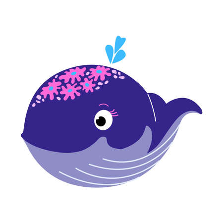 Cute character purple Whale blowing a fountain. Protection of marine mammals for World Whale Day. Vector flat illustration for poster, banner, card, childrens book.のイラスト素材