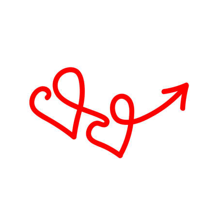 Linear doodle red arrow with heart. Love pointer, trajectory, like. Vector design element for social media, valentines day and romantic designsのイラスト素材