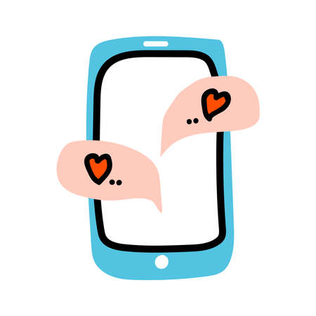 Valentines Day doodle icon mobile phone with speech bubbles and heart. Internet talk, chat, Love decoration. Hand drawn, line art, flat and lettering vector for web, card, sticker.のイラスト素材