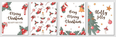 Collection of Beautiful Retro Merry Christmas and Happy New year hand drawn cards. Vector illustrations with Christmas tree, candies, holly, candle, hearts, snowflakes and stars.のイラスト素材