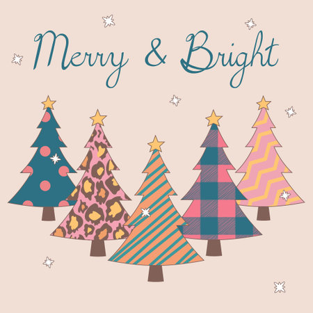 Merry Christmas groovy card with Christmas trees on pink background. Retro background for invitation, greeting card, textile. Trendy ector illustration.のイラスト素材